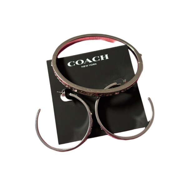 COACH Silver Signature Hoop Earrings (NWT) & Coach Signature Coach Bangle (Used) - Picture 2 of 7